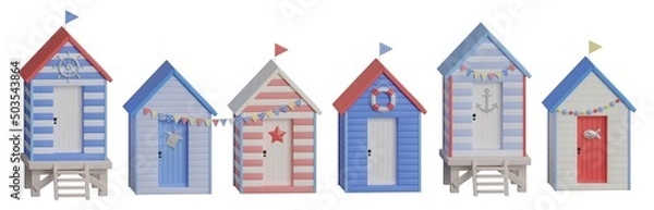Obraz Set isolated cartoon beach houses on white background. Sea huts blue, red colors with flags, lifebuoy, garlands anchor, starfish, steering wheel, fish and turtle. 3d rendering illustration.