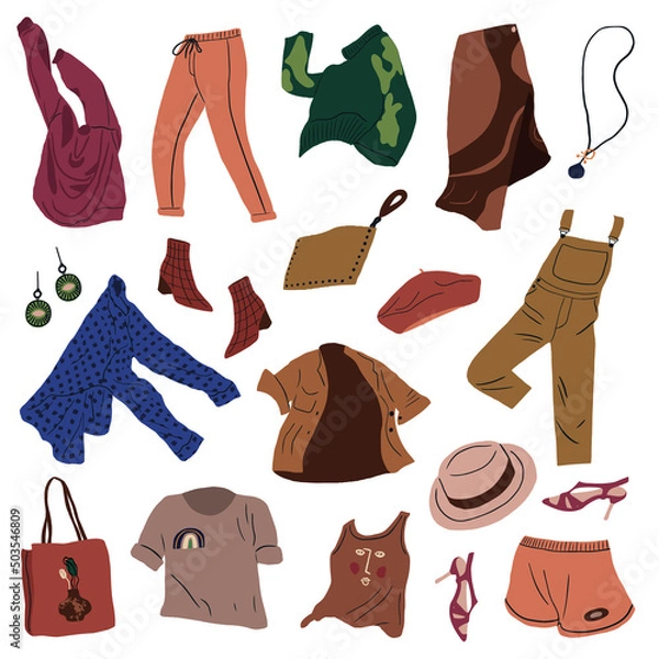 Fototapeta Fashion modern women clothes collection. Casual female garments and accessories. Coat, jumper, shirt, shoes, trousers, bag, shoes flying. Colored flat vector illustration isolated on white background