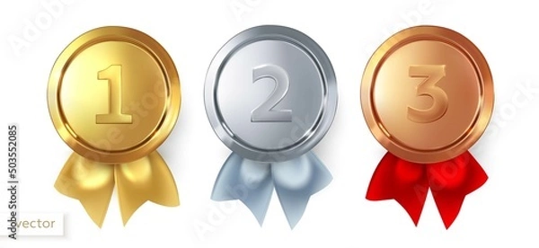 Obraz Gold, silver and bronze medals. A set of medals for first, second and third place. For winners and champions with ribbon. Trophy for first place. Vector illustration