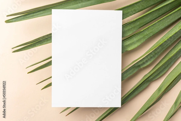 Obraz White invitation card mockup with a palm tree on a beige table. 5x7 size, A6, A5 flyers
