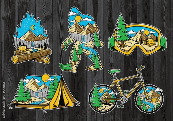 Obraz Set of Vintage Outdoor Illustrations on Wood board. Hand drawn and vector emblem designs. Great for shirts, stamps, stickers logos and labels.