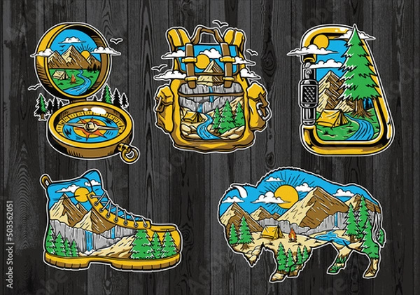 Obraz Set of Vintage Outdoor Illustrations on Wood board. Hand drawn and vector emblem designs. Great for shirts, stamps, stickers logos and labels.