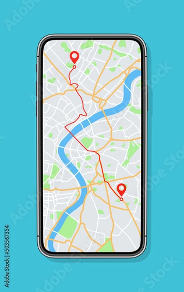 Obraz Phone with map and gps with location on screen. Mobile smartphone app with map of roads and pin with navigator of city. Vector. Application of street search and route navigation icons in town