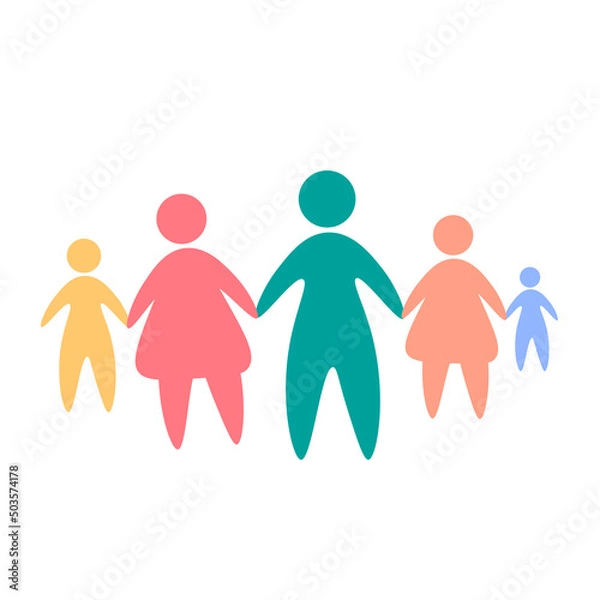 Fototapeta Happy family icon multicolored in simple figures. Two children, dad and mom stand together. Vector can be used as logotype.
