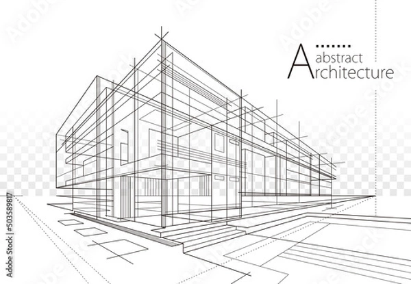 Fototapeta 3D illustration Imagination architecture building construction perspective design,abstract modern urban building out-line black and white drawing.