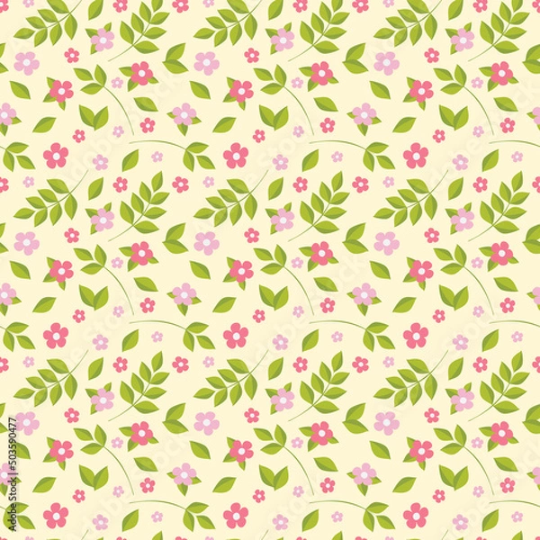 Fototapeta Seamless pattern illustration of pink and magenta flowers and green leaves on branches. The summer nature happiness background concept is a design element