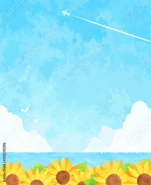 Fototapeta 綺麗な夏の海とひまわりの風景イラスト