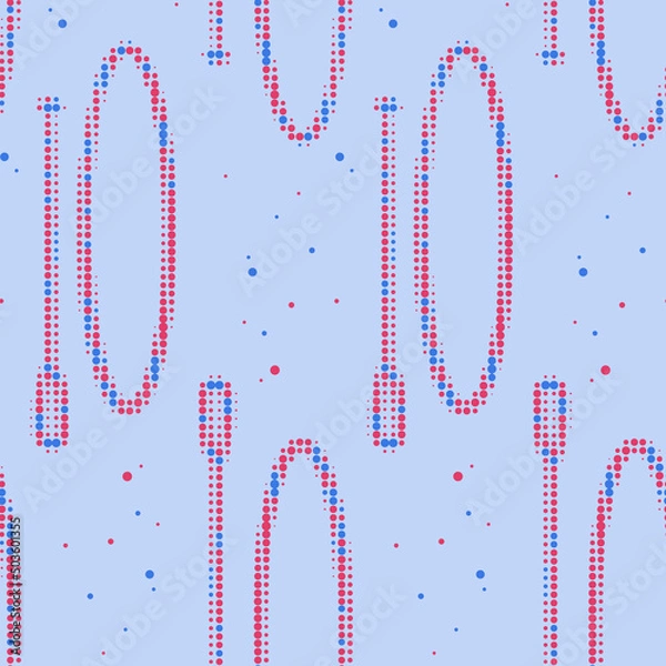 Fototapeta Seamless pattern with SUP board and standing paddle made up of dots. Endless vector sports label. SUP in flat design style in pink and blue colors.