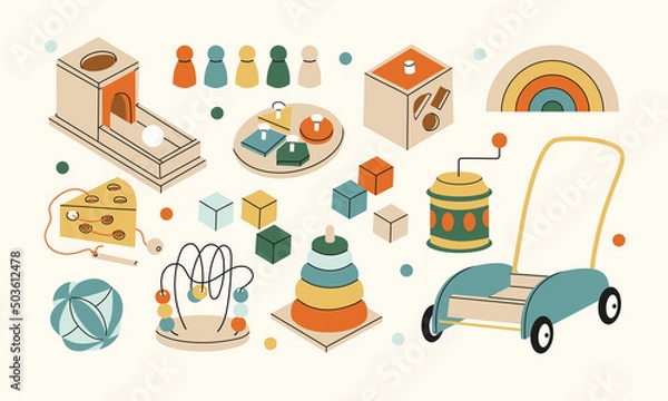 Fototapeta Set of various wooden and metal Montessori toys. Component of the development of education in kindergarten, at home. Game for children to develop finger motility, logic, learning colors. Vector