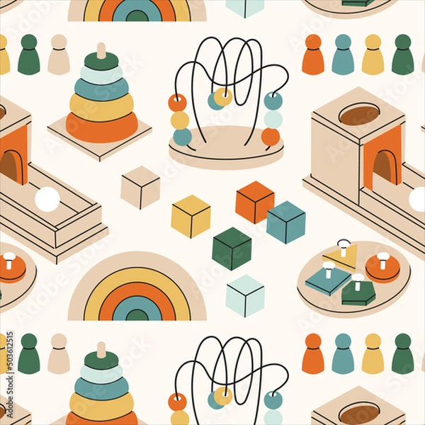 Fototapeta Pattern of various wooden and metal Montessori toys. Component of the development of education in kindergarten, at home. Game for children to develop finger motility, logic, learning colors. Vector 