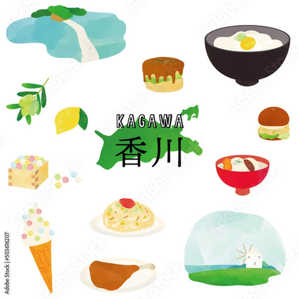 Obraz 香川　ご当地グルメ・観光名所　水彩タッチイラスト