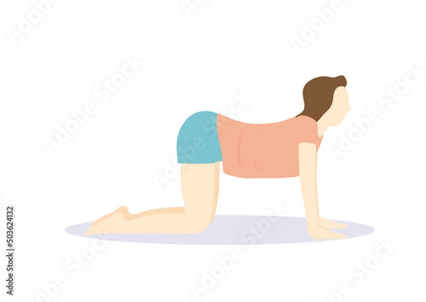 Fototapeta 床に四つん這いになって背中を反らせるストレッチをするダイエット中の女性　マット無し・表情無し