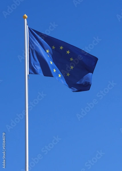 Fototapeta Flag of European Union on a flagpole at sky background. The waving  flag for your political concept about european integration and economic cooperation in Europe.
