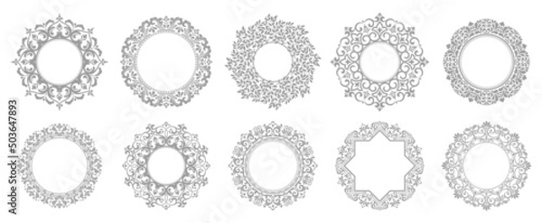Fototapeta Set of decorative frames Elegant vector element for design in Eastern style, place for text. Floral gray and white borders. Lace illustration for invitations and greeting cards