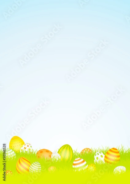 Obraz Easter Background Meadow Easter Eggs Yellow/Orange Sky DIN A4