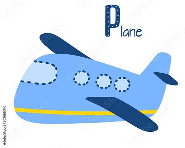 Fototapeta Blue plane in cartoon style with sign plane isolated on white background. Vector illustration