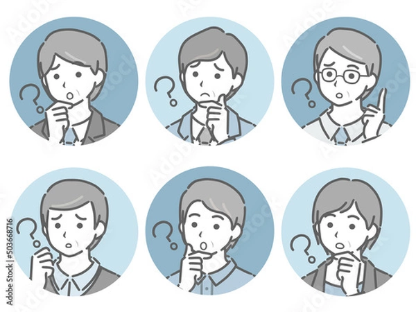 Fototapeta 疑問に思う中年男性の斜め向き丸アイコンセット