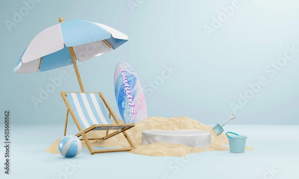Fototapeta summer background 3d product display platform scene with surfboard platform. sky cloud summer background 3d render on the ocean display. podium on sand beach cosmetic product display stand