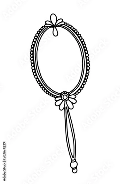 Obraz Oval vintage mirror with handle. Retro mirror hand drawn. Vector illustration of doodle accessory for women isolated on white background.