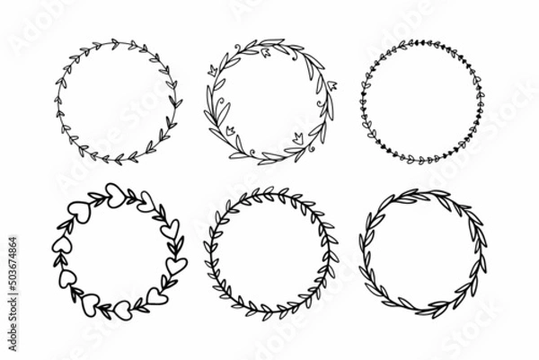 Fototapeta Set of graphic floral round frames. Vector isolated on white background.