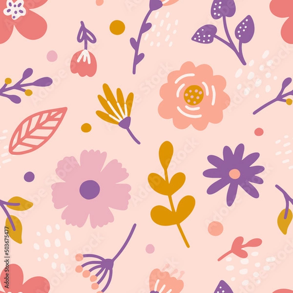 Fototapeta Vector floral seamless pattern in flat hand drawn style, cute flowers with leaves on pink background