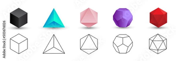 Obraz Set of colorful vector editable 3D platonic solids isolated on white background. Mathematical geometric figures such as cube, tetrahedron, octahedron, dodecahedron, icosahedron. Icon, logo, button.