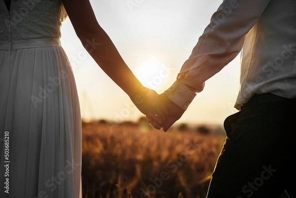 Fototapeta couple holding hands on sunset