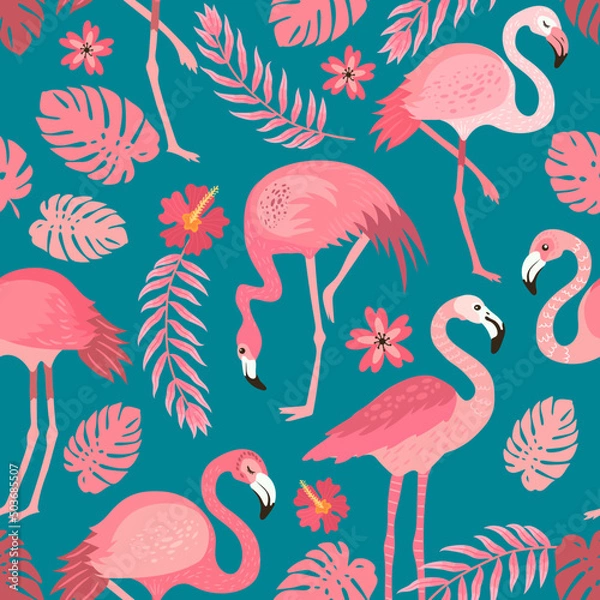 Fototapeta pink flamingos in different poses. seamless pattern. vector image.  background with exotic birds, tropical plants, flowers and leaves