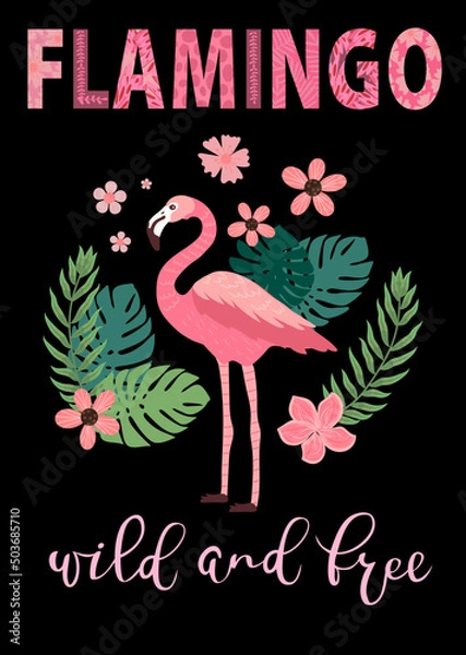 Fototapeta pink flamingos in different poses. background with exotic birds, tropical plants, flowers and leaves. poster/ vector image