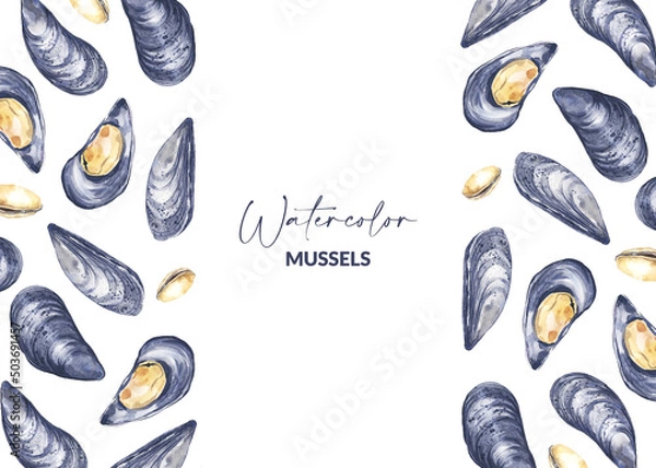 Obraz Menu design with watercolor illustrated mussel