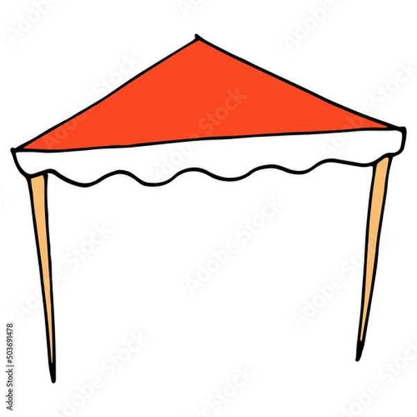 Fototapeta The outdoor awning is red. an icon of a simple beach canopy in the style of a doodle for a summer cafe, a side view of wooden pillars and a red roof. isolated on white for a summer design template