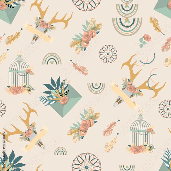 Obraz Boho pattern with feathers, dream catchers and rainbows. flat vector illustration.