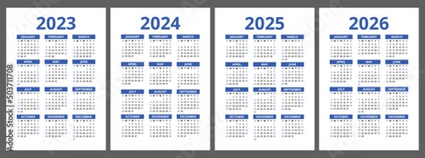 Fototapeta Calendar 2023, 2024, 2025 and 2026. Blue color vector pocket calender design set. Week starts on Sunday