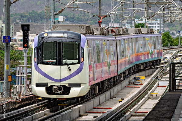 Obraz Close up image of Rapid transit metro train entering Vanaz station in Pune. This is a recently started service.