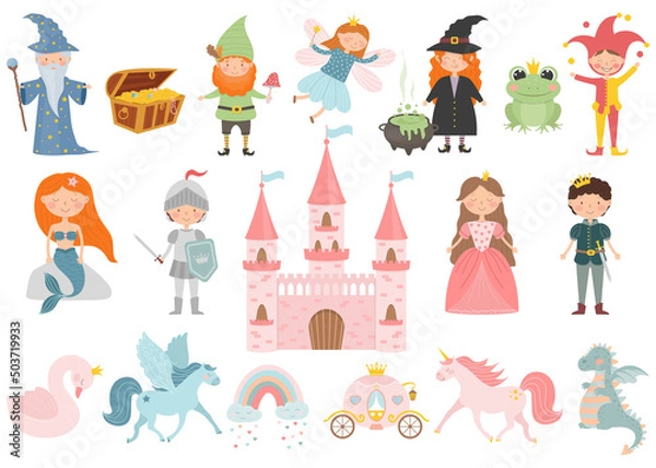Obraz Set of cartoon fairy tale characters. Princess, prince, fairy, pegasus, stargazer, swan, knight, witch, mermaid, gnome, unicorn, frog princess, jester, carriage, dragon, castle.