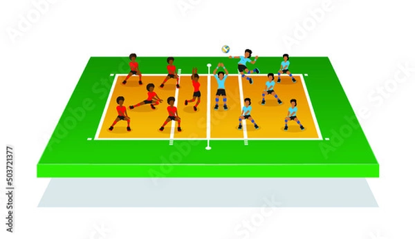 Fototapeta Isometric illustration for people playing volleyball on 3d volleyball field
