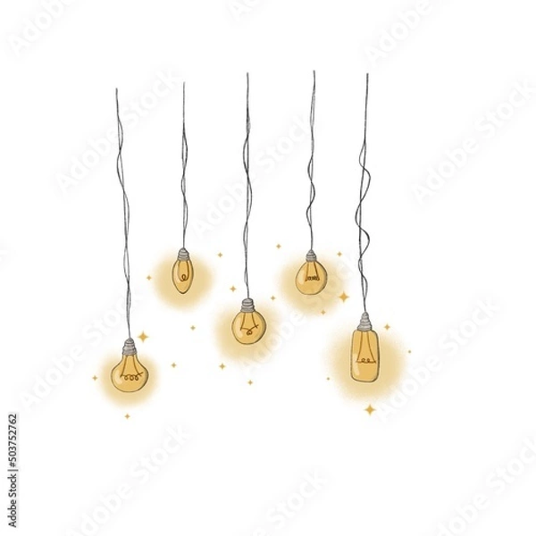 Obraz Garland of five light bulbs hanging on cords and glowing