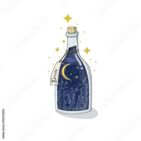 Obraz Magic bottle with branches plants moon and stars inside on white background