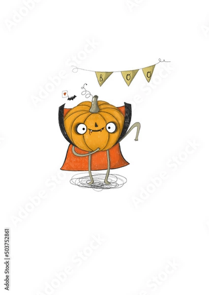Obraz Halloween pumpkin in vampire costume dancing with a bat
