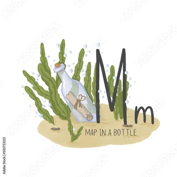 Fototapeta Alphabet a bottle with a treasure map on the seabed in algae next to the letter M