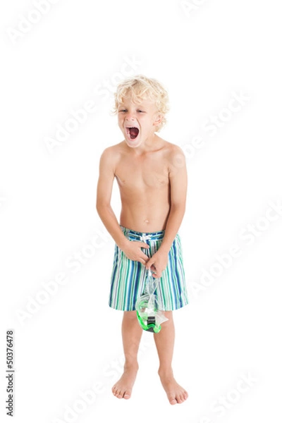 Obraz Мальчик в плавках и с маской кричит, открыв рот