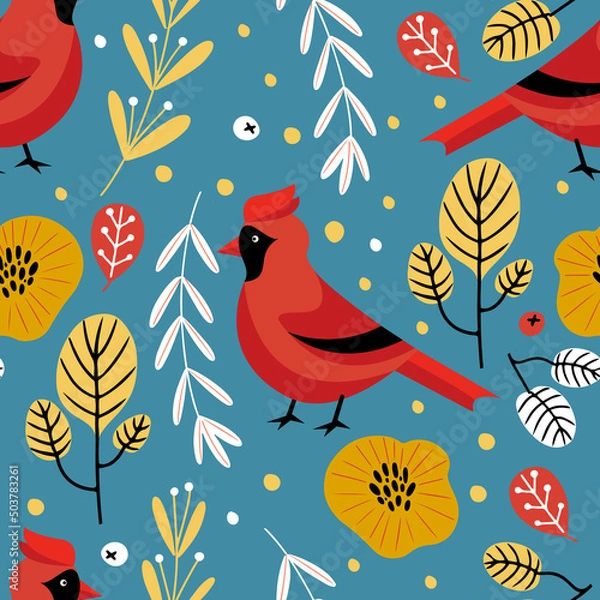 Fototapeta Hand drawn vector seamless pattern with cadrinal birds