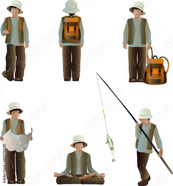 Fototapeta A set of a boy traveler posing in different situations. Tourist with a map, tourist on a fishing trip, meditating, walking, standing, rear view. Vector illustration in a flat style