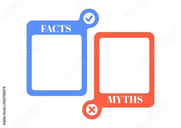Obraz Myths and facts check list vector set. True or fiction infographic badge blank with check mark and cross in circle isolated on white background. Flat design fake and good news template illustration.