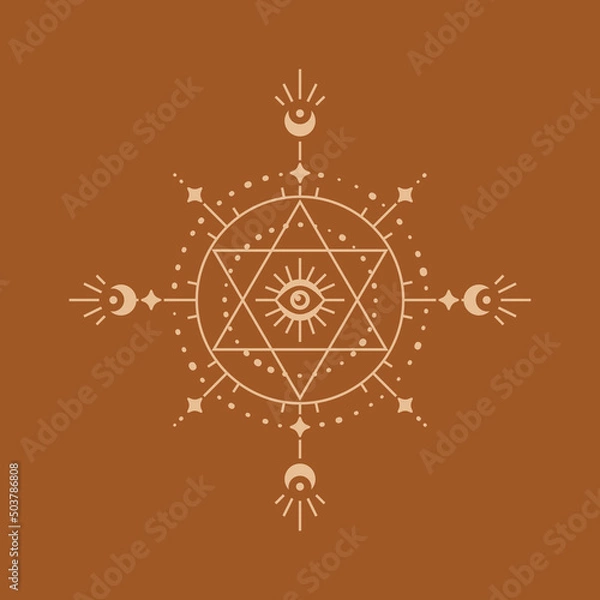 Fototapeta Spiritual boho logo. Sacred mystical symbol with stars, eye, moons. Isolated vector illustration. Design element for magic, esoteric, celestial, astrology, astronomy, etc.