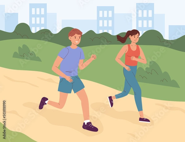 Obraz Young people jogging in city park in summer. Group of runners running along path, training outdoors.