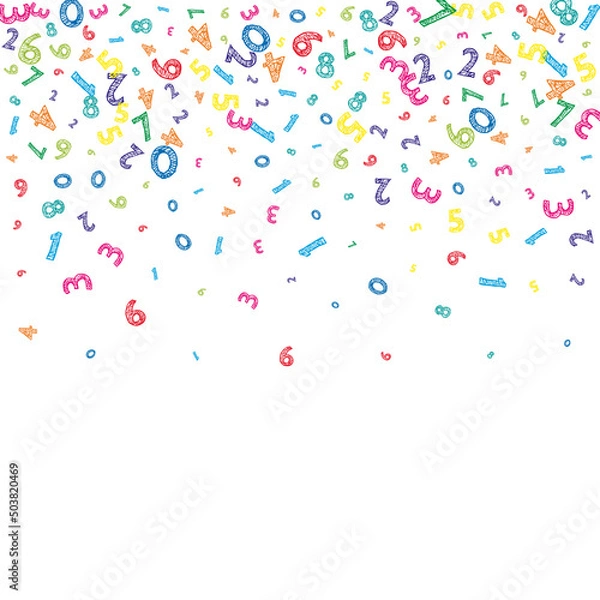 Obraz Falling colorful messy numbers. Math study concept with flying digits. Juicy back to school mathematics banner on white background. Falling numbers vector illustration.