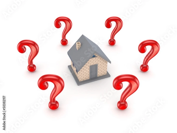 Fototapeta Red query marks around small house.