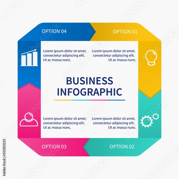 Fototapeta Simple 4 steps infographic. Infographics concept with 4 options or processes. Flat square cyclical template for workflow, strategy visualization. Vector illustration.