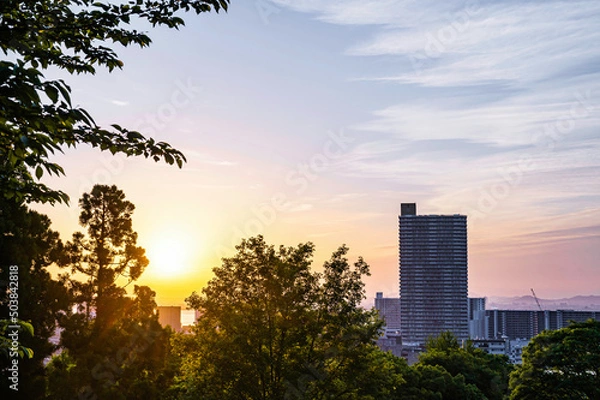 Fototapeta 早朝のびわ湖と大津の町並み